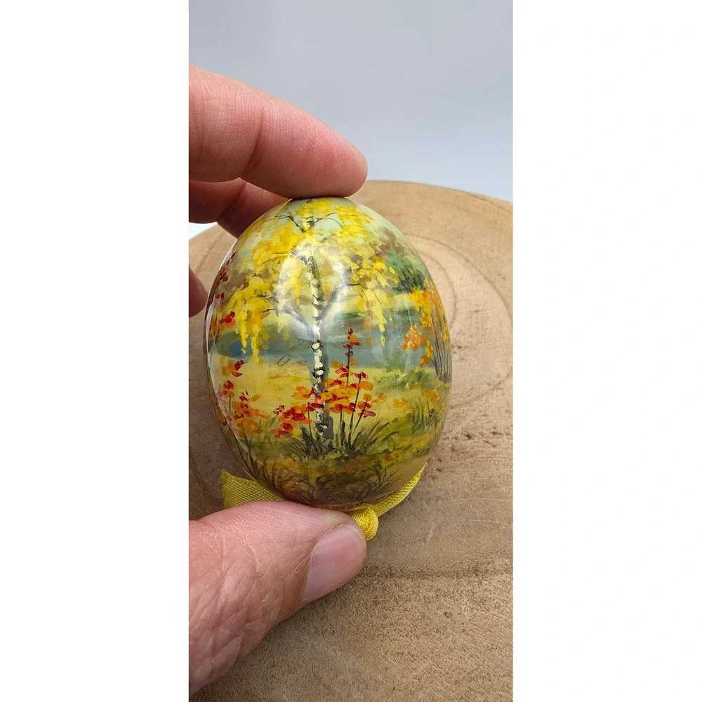 Vintage 2000 Russian Hand Painted Lacquer Egg Ornament Birch Tree Landscape